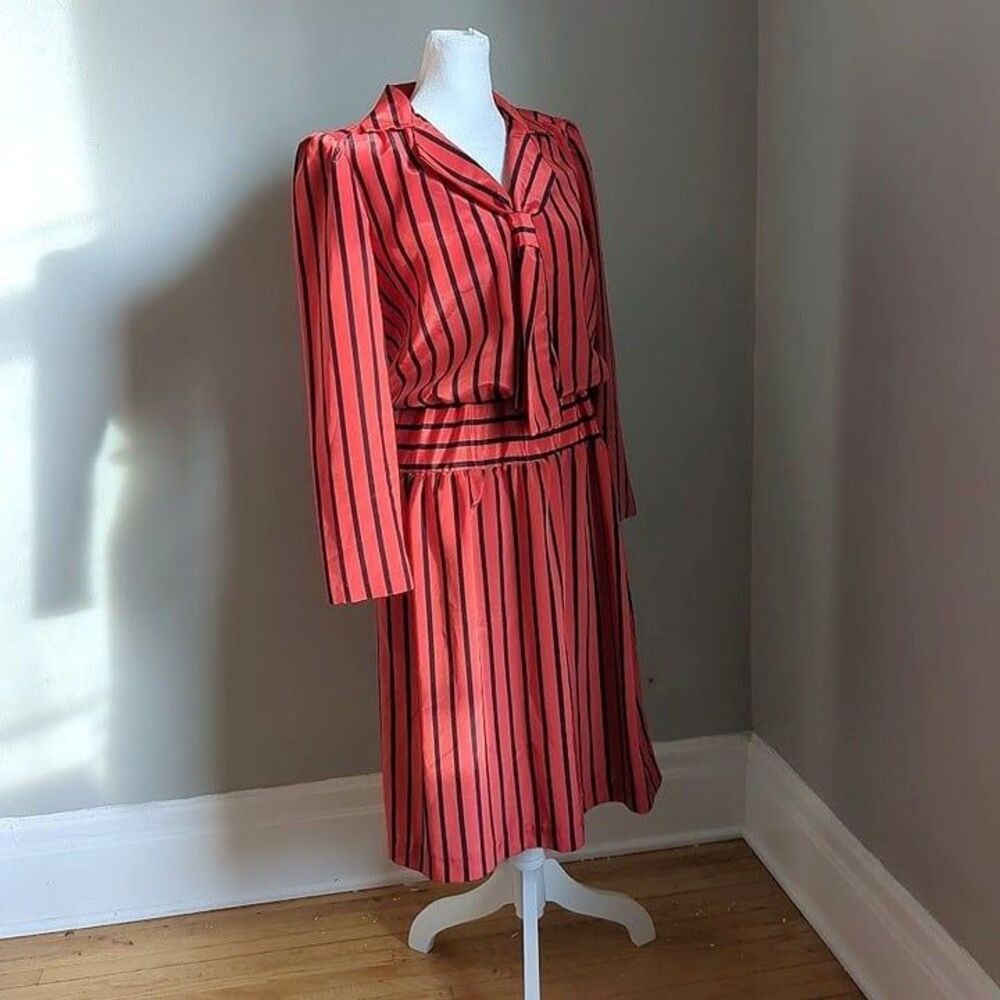 Vintage 70s Cora's Closet Midi Dress Red Stripe Secretary Size Petite Medium - Picture 11 of 11